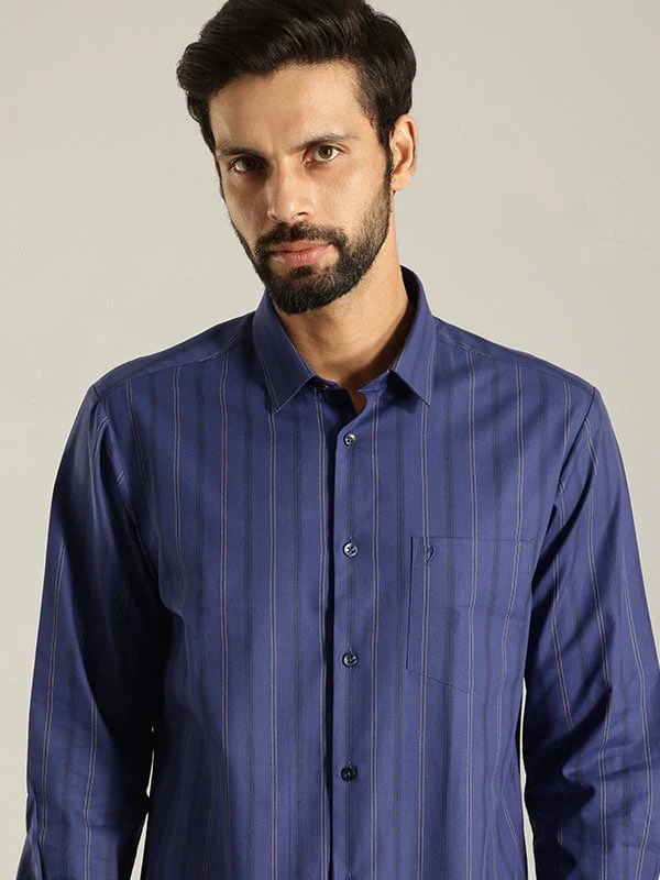 Indian Terrain Men's Slim Fit Full Sleeve Striped Blue Shirt